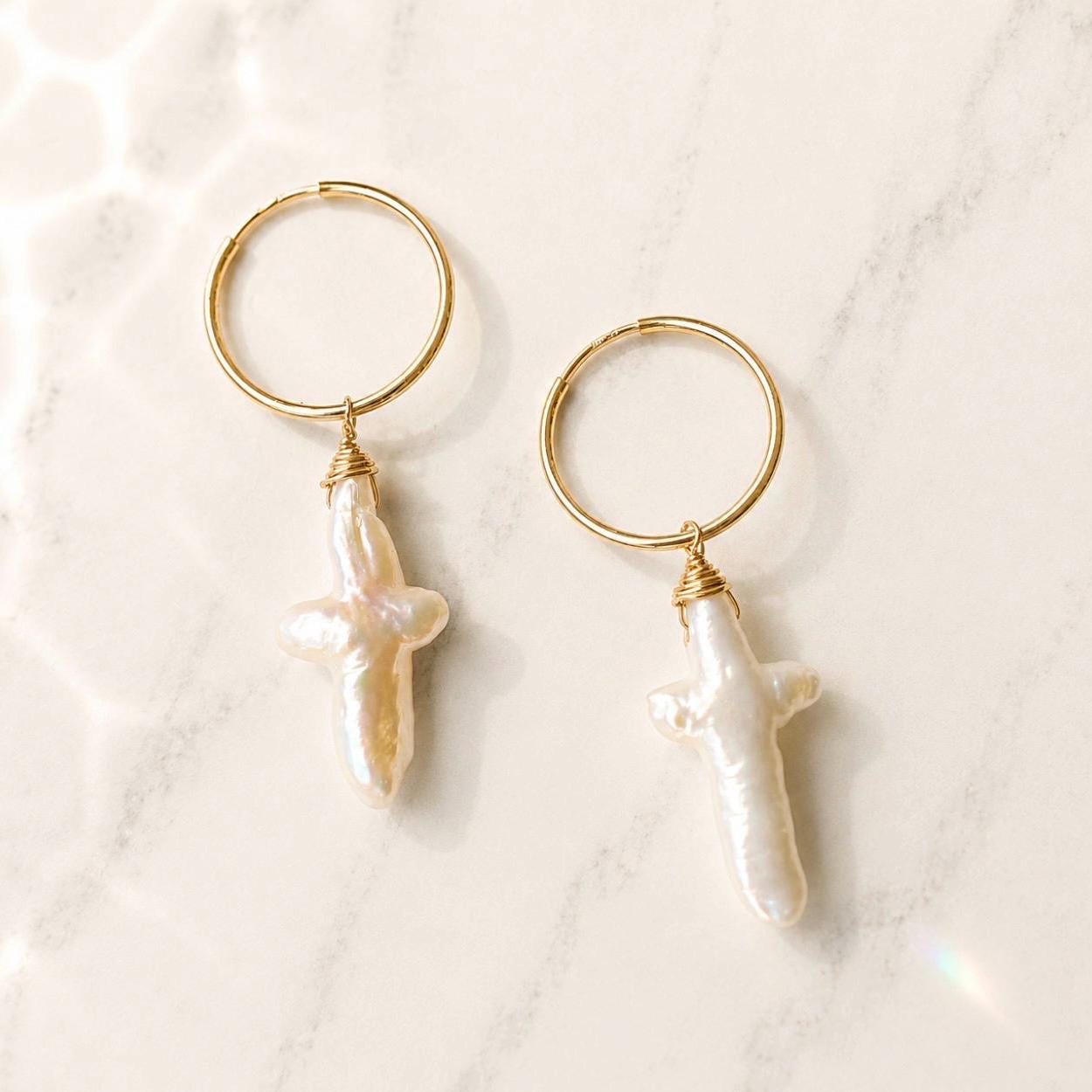 Pearl Cross Huggie Earrings,