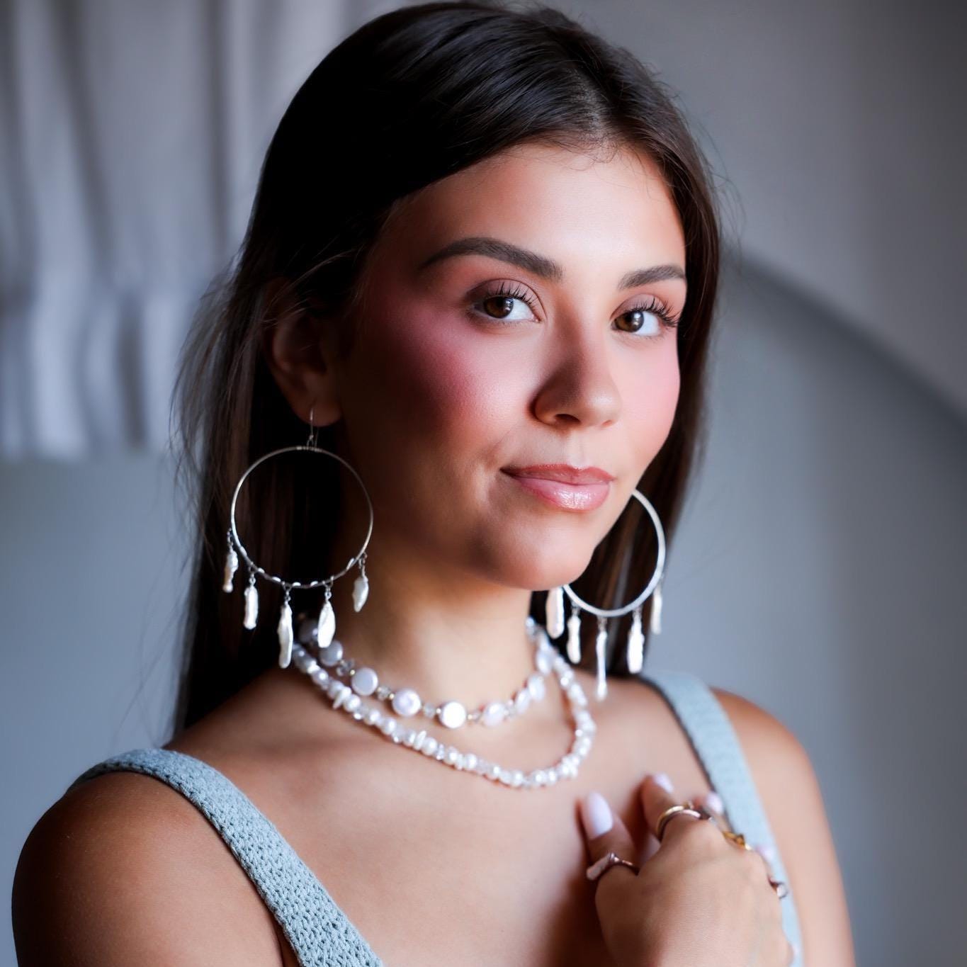 Biwa Pearl Fringe Hoops, Pearl Statement Earrings, Boho Pearl Jewelry, Boho Bride Earrings, Pearl Wedding Earrings