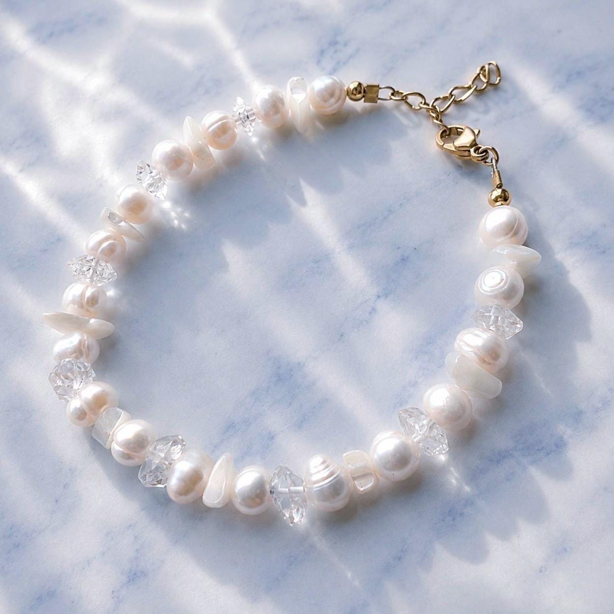 Pearl and Crystal Confetti Bracelet, Whimsical Pearl Bracelet, Boho Crystal Bracelet, Pearl Stacking Bracelet, Wedding Bracelet