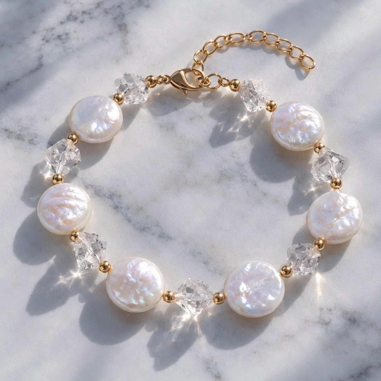 Pearl Coin Bracelet, Crystal and Pearl Bracelet, Fun Pearl Jewelry, Pearl Wedding Bracelet, Coin Pearl Jewelry