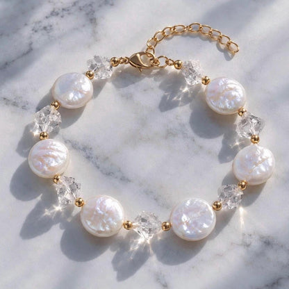 Pearl Coin Bracelet, Crystal and Pearl Bracelet, Fun Pearl Jewelry, Pearl Wedding Bracelet, Coin Pearl Jewelry