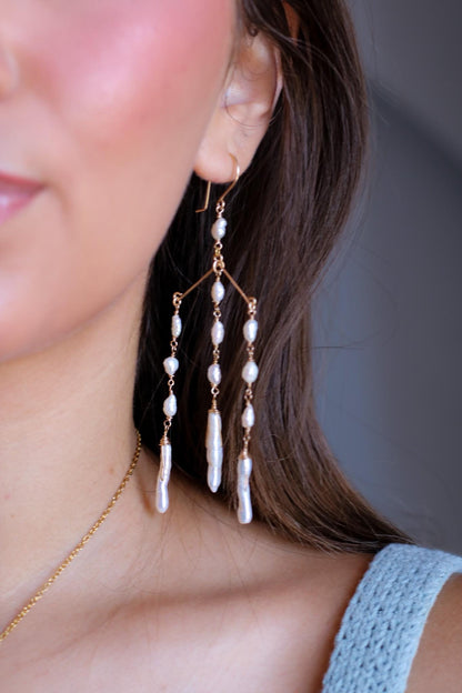 Pearl Chandelier Earrings, Delicate Pearl Dangle Earrings, Pearl Statement Earrings, Long Pearl Earrings