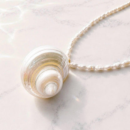 Seashell Pearl Necklace, Spiral Shell Pendant, Beach Wedding Necklace, Seashell Jewelry, Resort Style Necklace