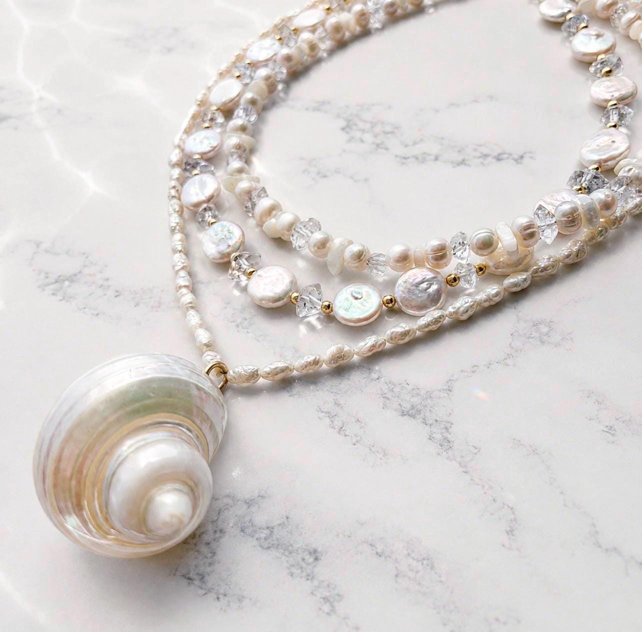 Seashell Pearl Necklace, Spiral Shell Pendant, Beach Wedding Necklace, Seashell Jewelry, Resort Style Necklace