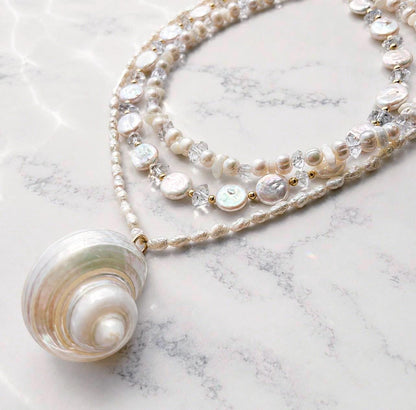 Seashell Pearl Necklace, Spiral Shell Pendant, Beach Wedding Necklace, Seashell Jewelry, Resort Style Necklace