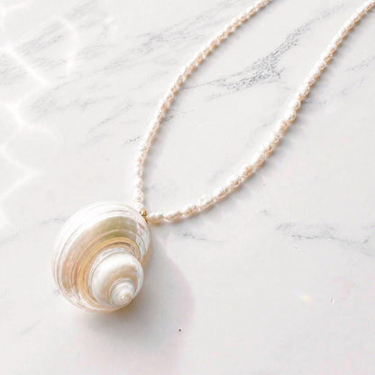 Seashell Pearl Necklace, Spiral Shell Pendant, Beach Wedding Necklace, Seashell Jewelry, Resort Style Necklace