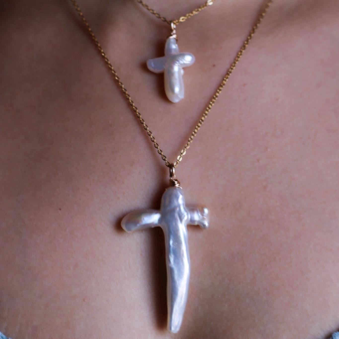 Pearl Cross Necklace, Genuine Freshwater Pearl Pendant, Pearl Cross Jewelry, Real Pearl Necklace, Women's Cross, Baptism Gift