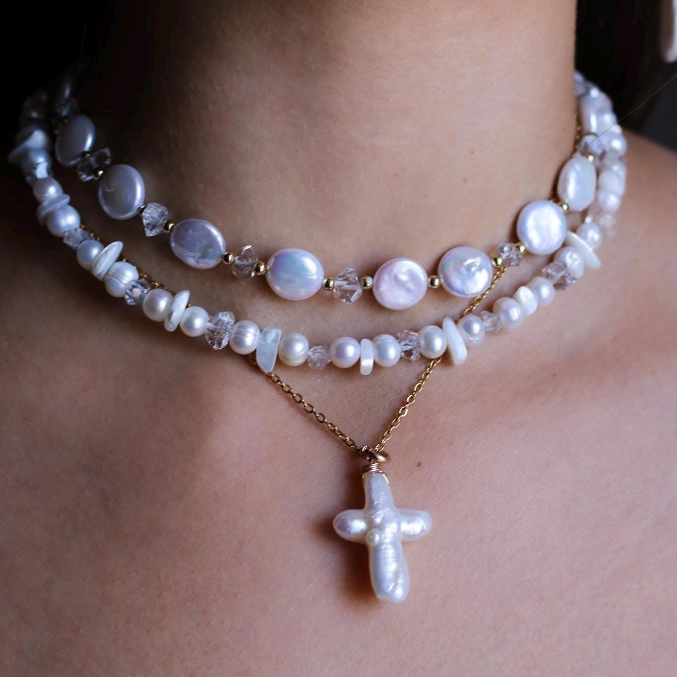 Pearl Cross Necklace, Genuine Freshwater Pearl Pendant, Pearl Cross Jewelry, Real Pearl Necklace, Women's Cross, Baptism Gift