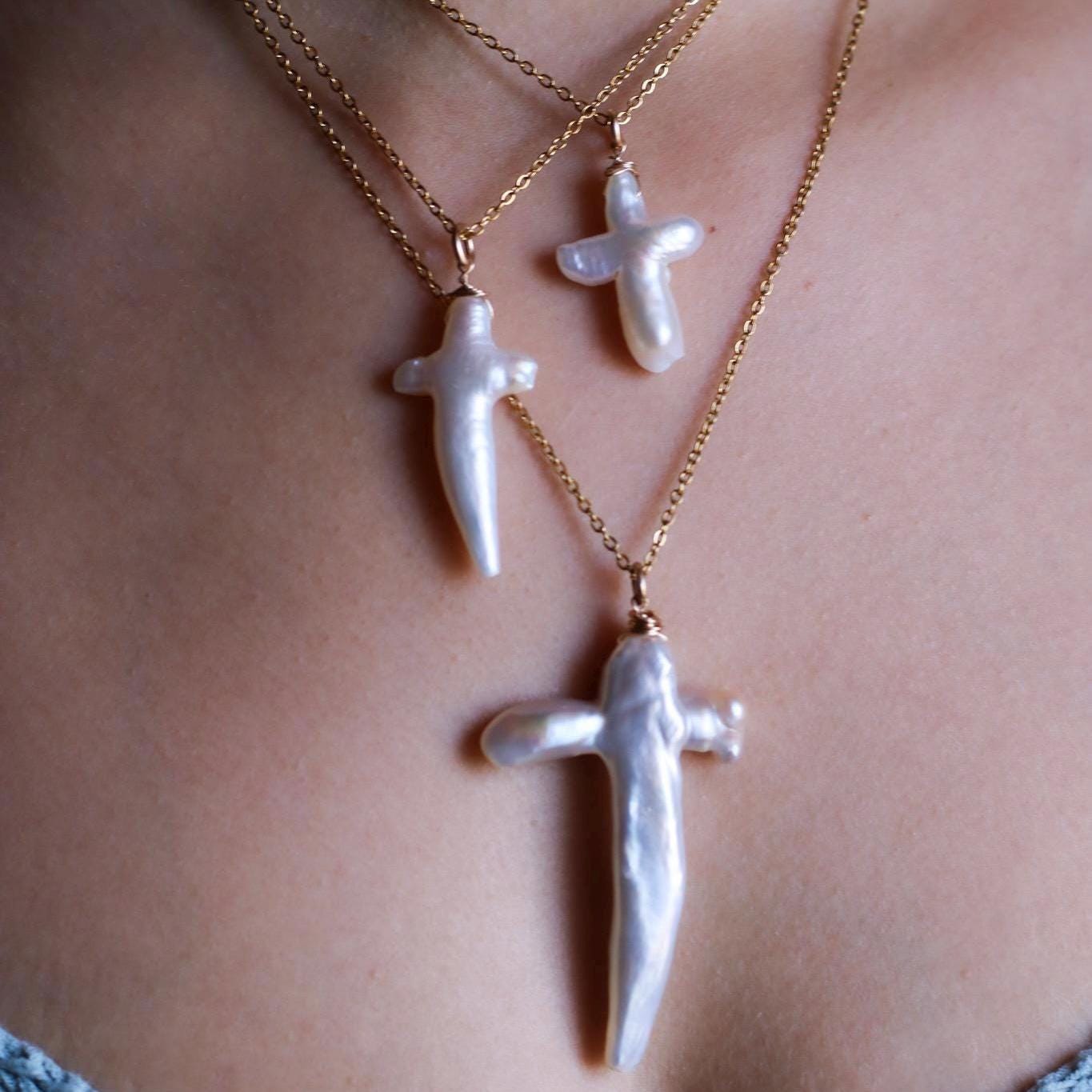 Pearl Cross Necklace, Genuine Freshwater Pearl Pendant, Pearl Cross Jewelry, Real Pearl Necklace, Women's Cross, Baptism Gift