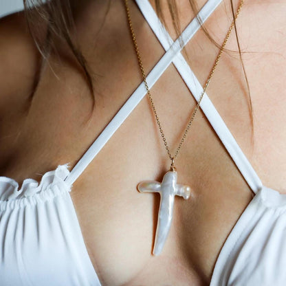 Pearl Cross Necklace, Genuine Freshwater Pearl Pendant, Pearl Cross Jewelry, Real Pearl Necklace, Women's Cross, Baptism Gift