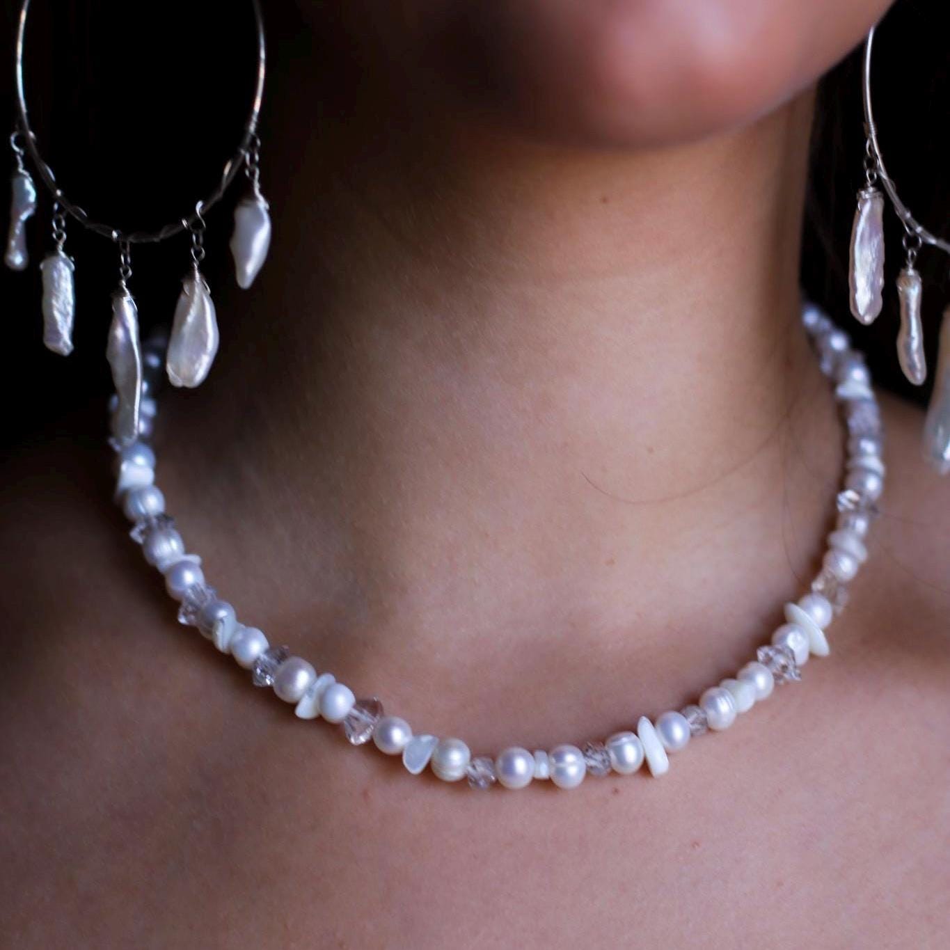 Pearl and Crystal Confetti Choker, Unique Pearl Necklace, Boho Pearl Choker, Layer Choker, Wedding Choker Necklace