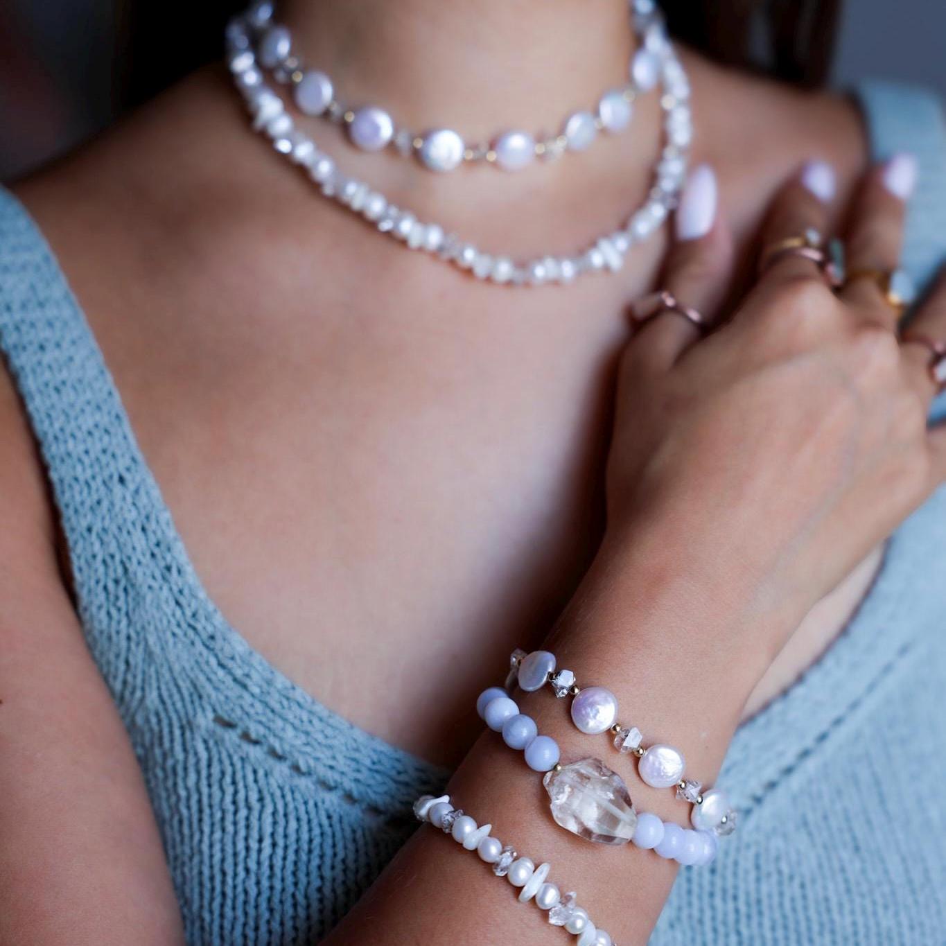 Pearl Coin Choker with Herkimer Diamonds, Pearl Choker, Pearl Layer Necklace, Boho Pearl Choker, Pearl Wedding Choker