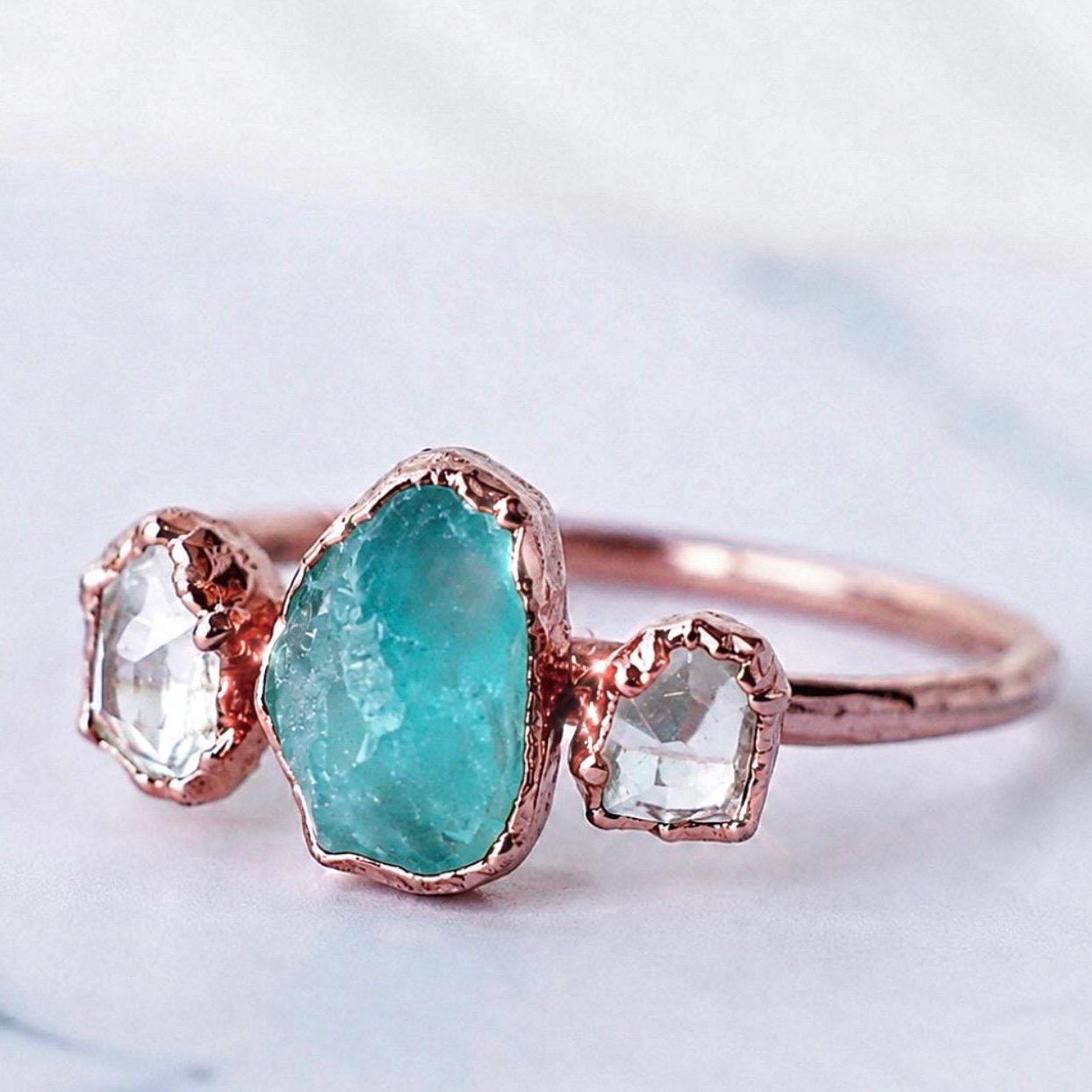 Apatite & Herkimer Diamond Ring in Copper, Aqua Stone Wedding Ring, Alternative Engagement Ring, Blue Apatite Jewelry, Boho Gemstone Ring