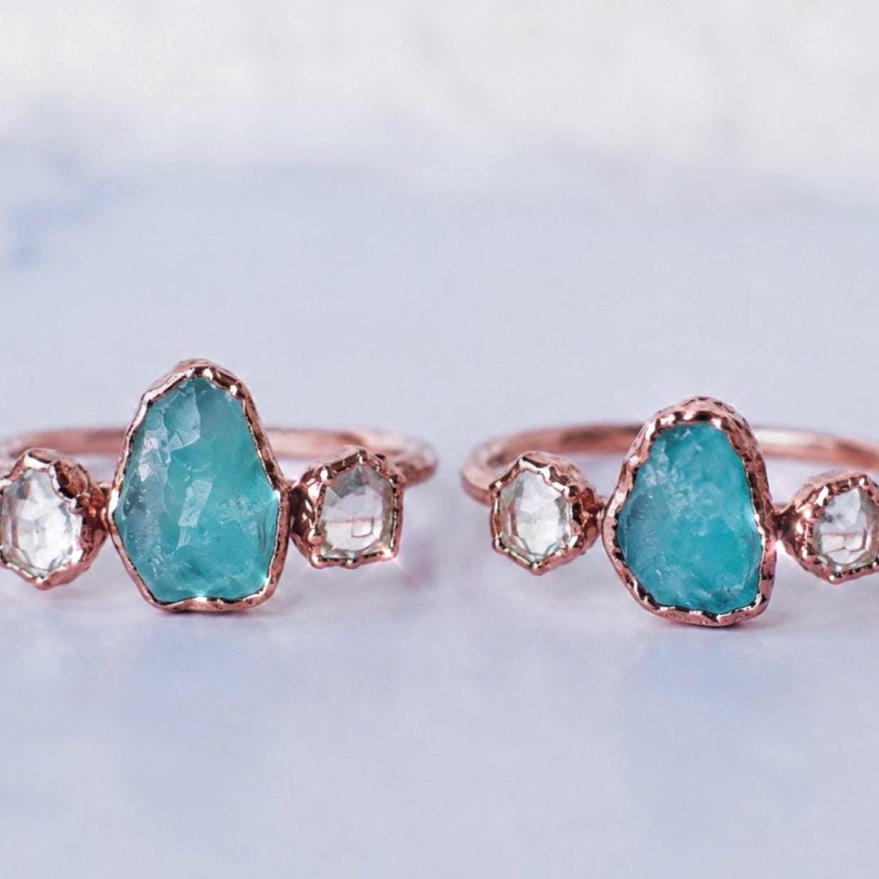 Apatite & Herkimer Diamond Ring in Copper, Aqua Stone Wedding Ring, Alternative Engagement Ring, Blue Apatite Jewelry, Boho Gemstone Ring