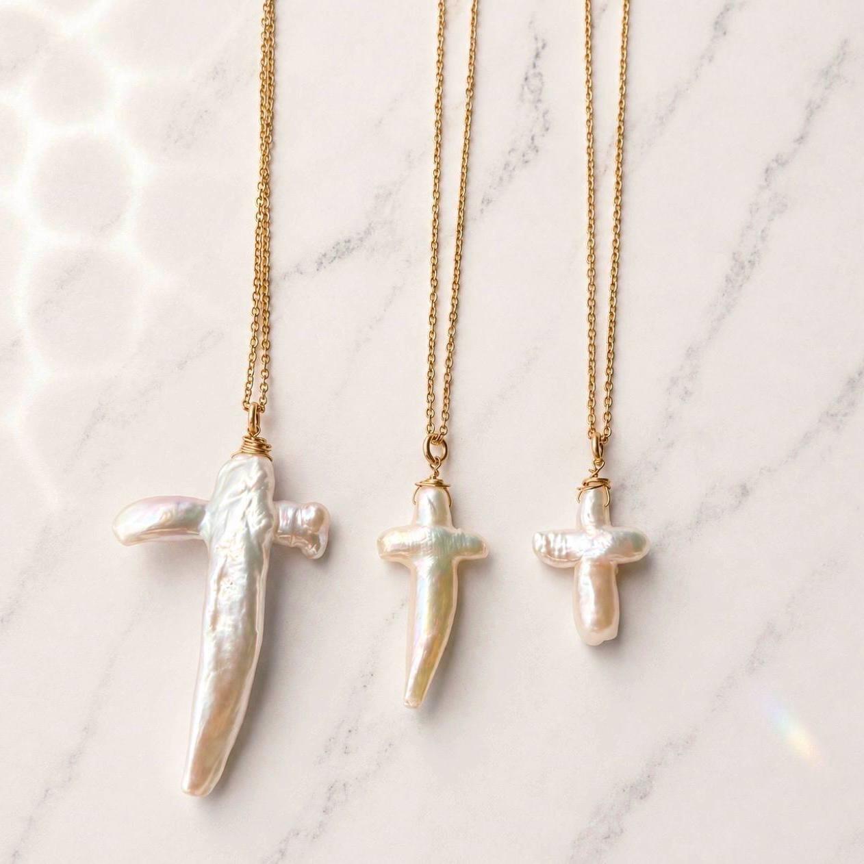 Pearl Cross Necklace, Genuine Freshwater Pearl Pendant, Pearl Cross Jewelry, Real Pearl Necklace, Women's Cross, Baptism Gift