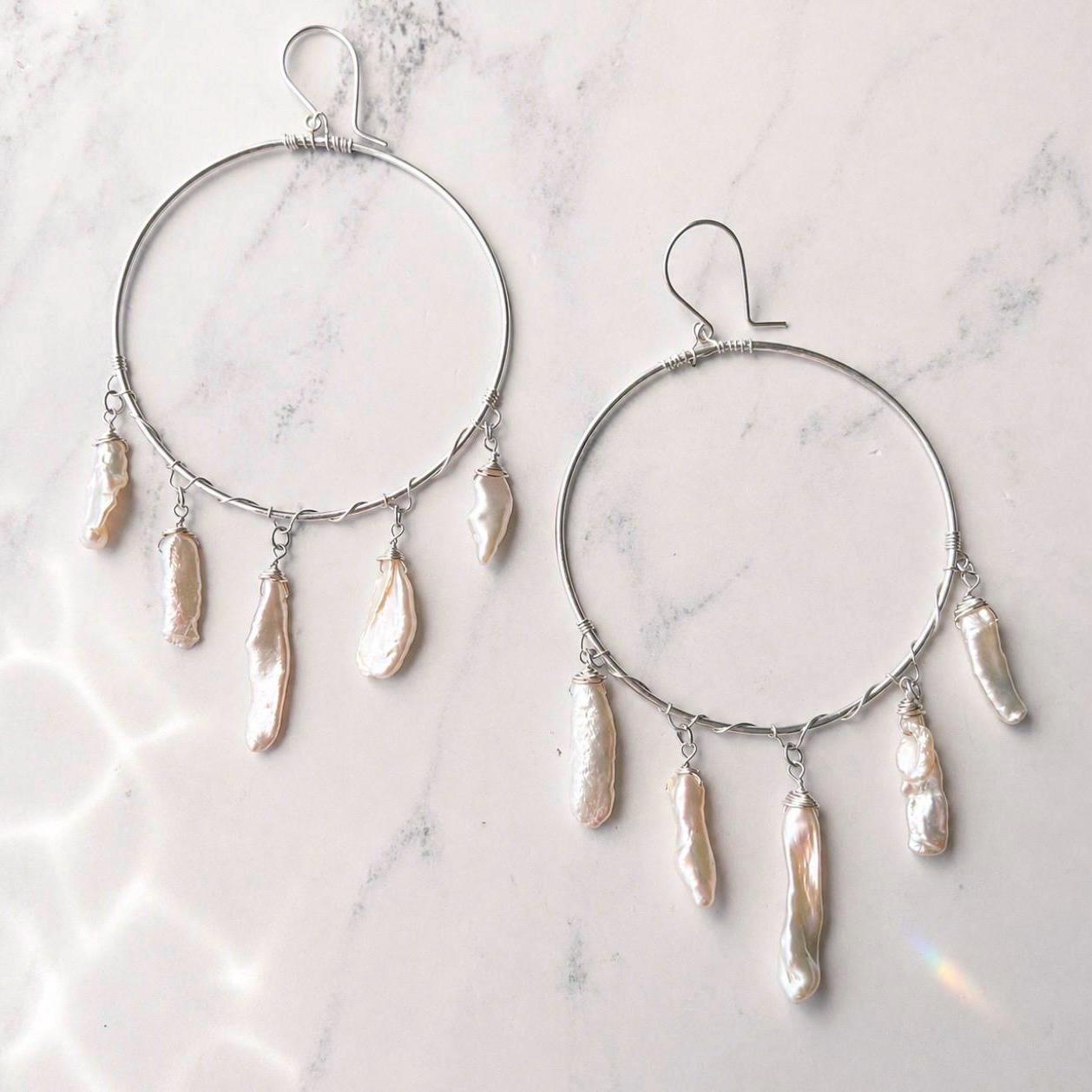 Biwa Pearl Fringe Hoops, Pearl Statement Earrings, Boho Pearl Jewelry, Boho Bride Earrings, Pearl Wedding Earrings