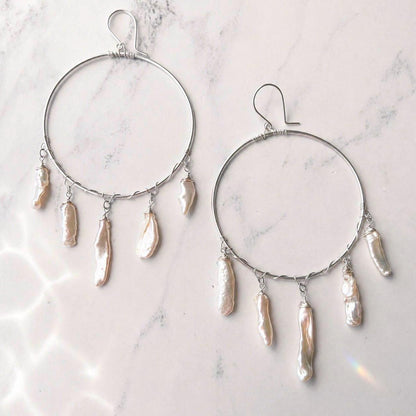 Biwa Pearl Fringe Hoops, Pearl Statement Earrings, Boho Pearl Jewelry, Boho Bride Earrings, Pearl Wedding Earrings