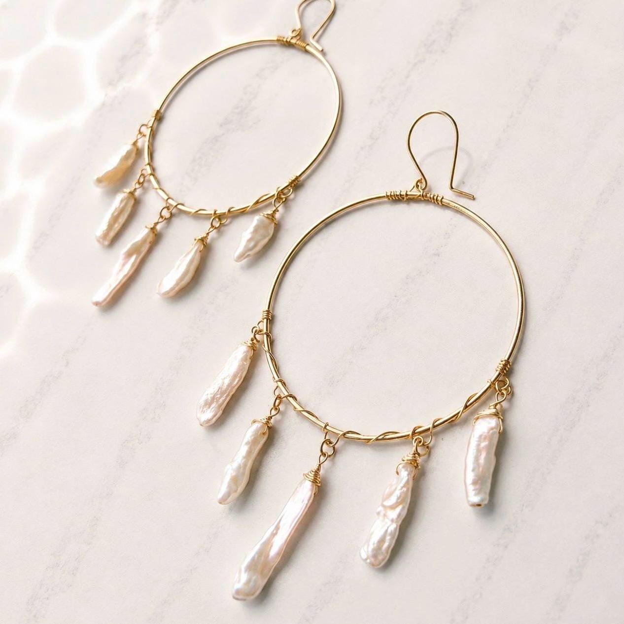 Biwa Pearl Fringe Hoops, Pearl Statement Earrings, Boho Pearl Jewelry, Boho Bride Earrings, Pearl Wedding Earrings