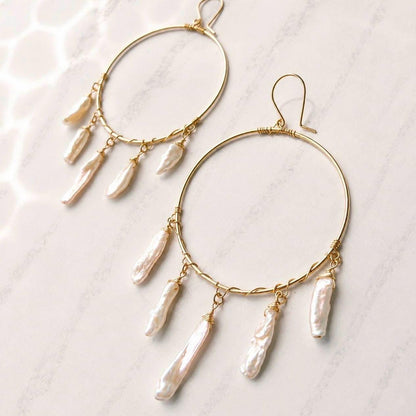Biwa Pearl Fringe Hoops, Pearl Statement Earrings, Boho Pearl Jewelry, Boho Bride Earrings, Pearl Wedding Earrings