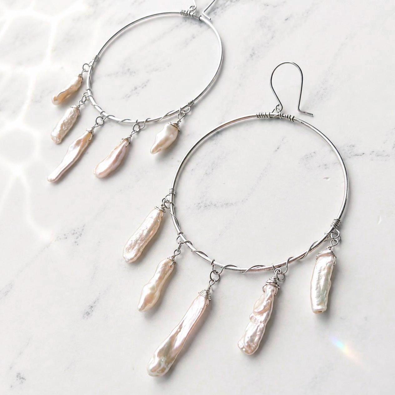 Biwa Pearl Fringe Hoops, Pearl Statement Earrings, Boho Pearl Jewelry, Boho Bride Earrings, Pearl Wedding Earrings