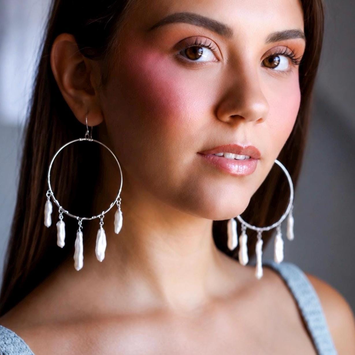 Biwa Pearl Fringe Hoops, Pearl Statement Earrings, Boho Pearl Jewelry, Boho Bride Earrings, Pearl Wedding Earrings