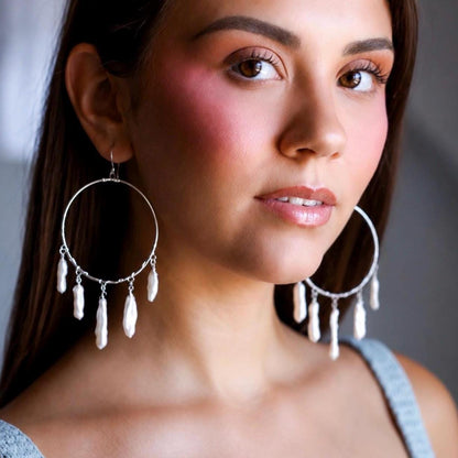 Biwa Pearl Fringe Hoops, Pearl Statement Earrings, Boho Pearl Jewelry, Boho Bride Earrings, Pearl Wedding Earrings