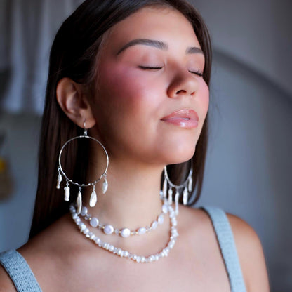 Biwa Pearl Fringe Hoops, Pearl Statement Earrings, Boho Pearl Jewelry, Boho Bride Earrings, Pearl Wedding Earrings