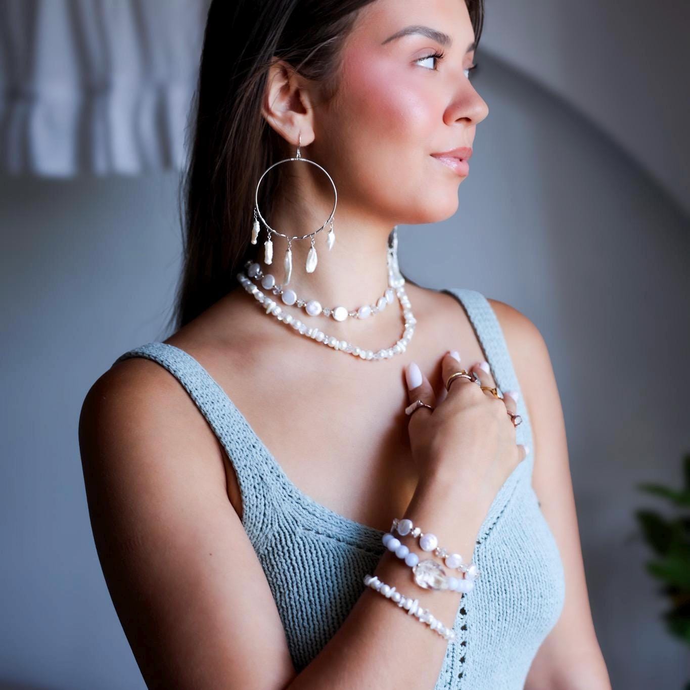 Biwa Pearl Fringe Hoops, Pearl Statement Earrings, Boho Pearl Jewelry, Boho Bride Earrings, Pearl Wedding Earrings