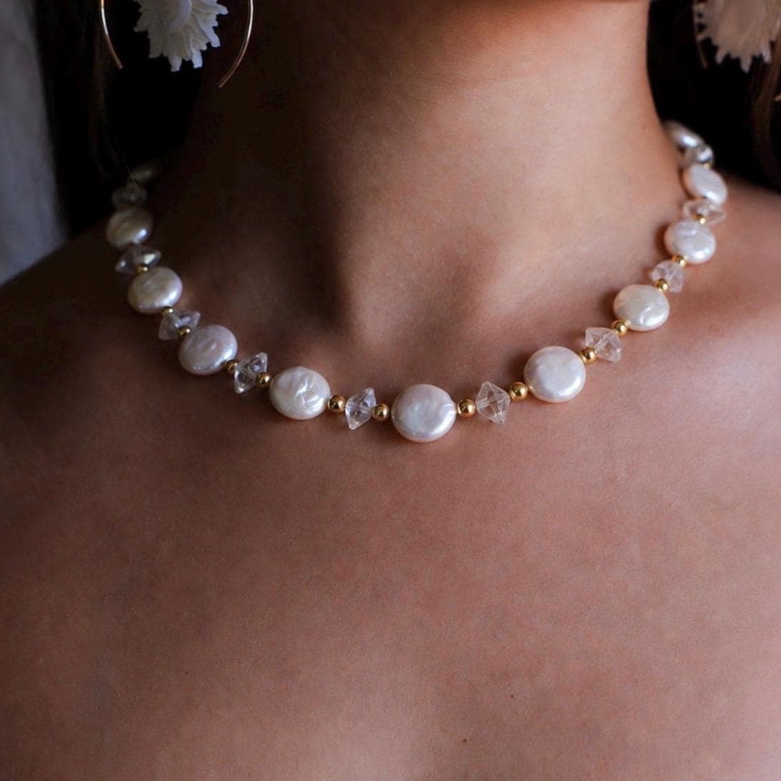 Pearl Coin Choker with Herkimer Diamonds, Pearl Choker, Pearl Layer Necklace, Boho Pearl Choker, Pearl Wedding Choker