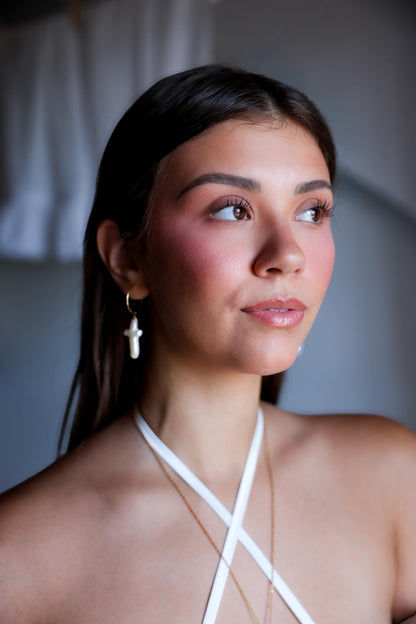 Pearl Cross Huggie Earrings,