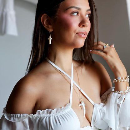 Pearl Cross Huggie Earrings,