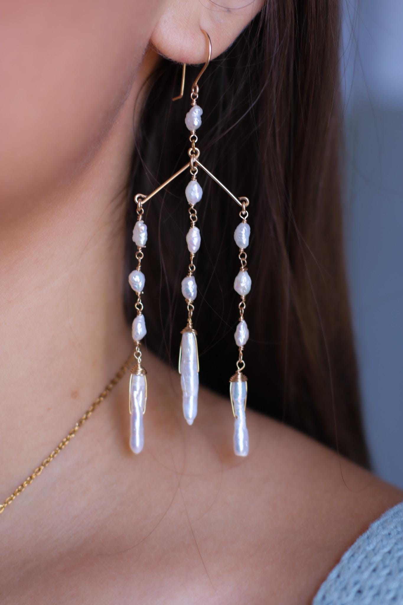 Pearl Chandelier Earrings, Delicate Pearl Dangle Earrings, Pearl Statement Earrings, Long Pearl Earrings