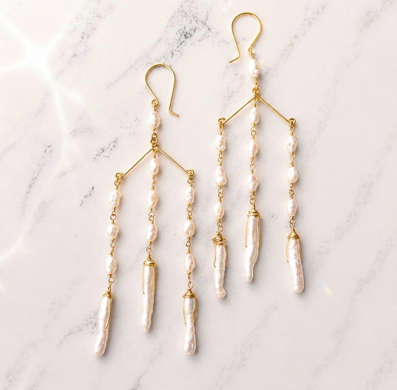 Pearl Chandelier Earrings, Delicate Pearl Dangle Earrings, Pearl Statement Earrings, Long Pearl Earrings