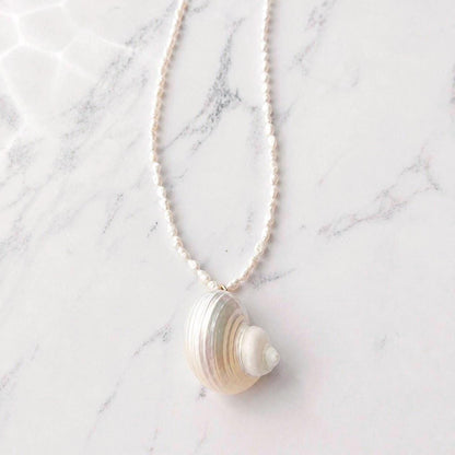 Seashell Pearl Necklace, Spiral Shell Pendant, Beach Wedding Necklace, Seashell Jewelry, Resort Style Necklace