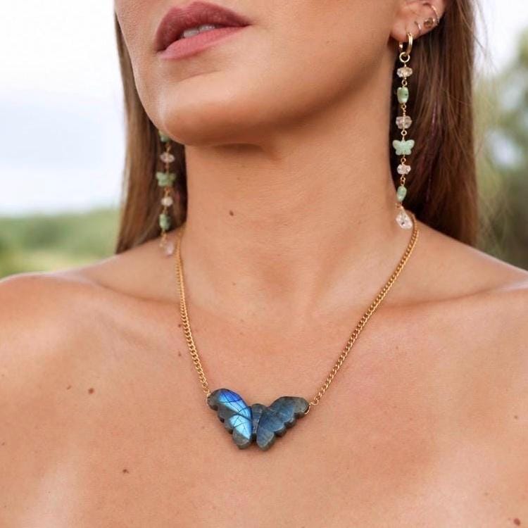 Labradorite Butterfly Necklace, Butterfly Jewelry, Crystal Butterfly Pendant, Butterfly Gift, Flashy Labradorite Jewelry, Butterfly Choker