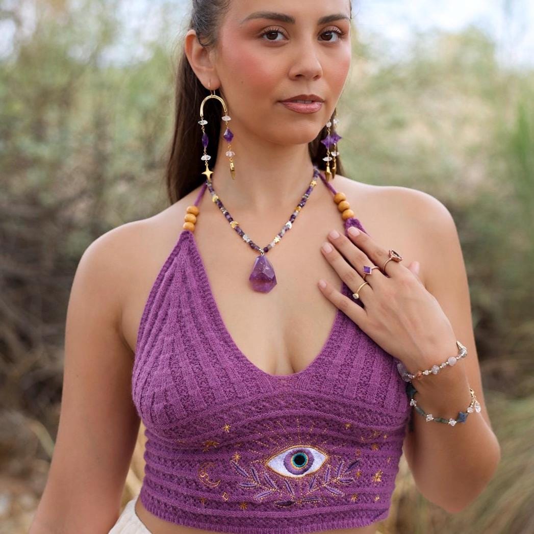 Large Amethyst Nugget Necklace, Gemmy Amethyst Pendant, Beaded Amethyst Boho Jewelry, Amethyst Choker Necklace, Statement Necklace