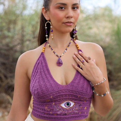 Large Amethyst Nugget Necklace, Gemmy Amethyst Pendant, Beaded Amethyst Boho Jewelry, Amethyst Choker Necklace, Statement Necklace