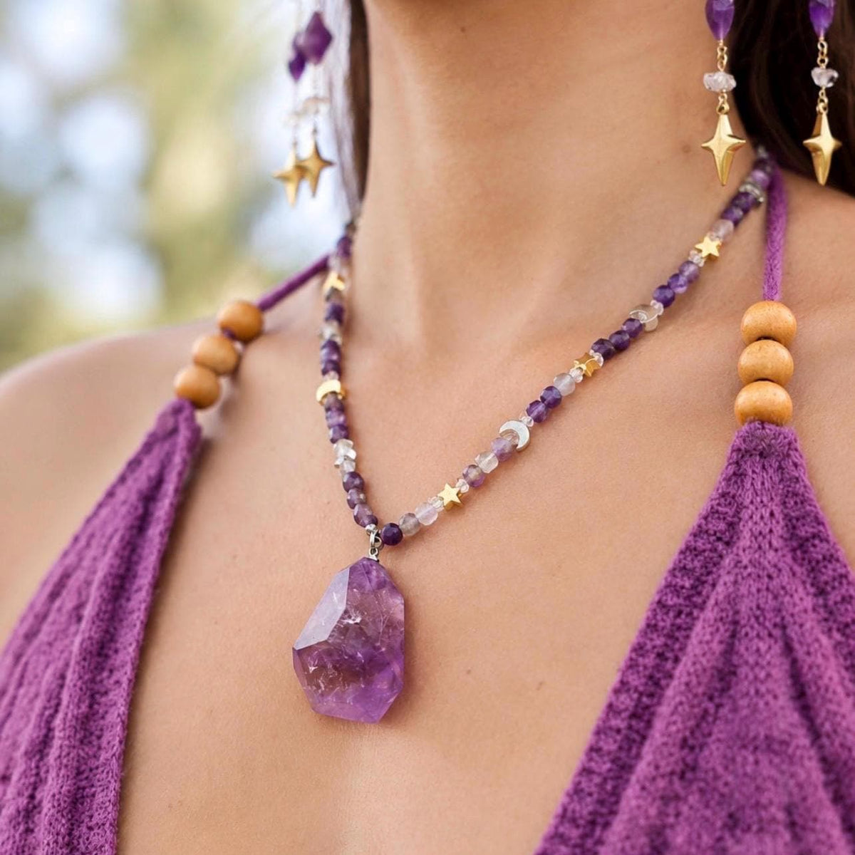Large Amethyst Nugget Necklace, Gemmy Amethyst Pendant, Beaded Amethyst Boho Jewelry, Amethyst Choker Necklace, Statement Necklace