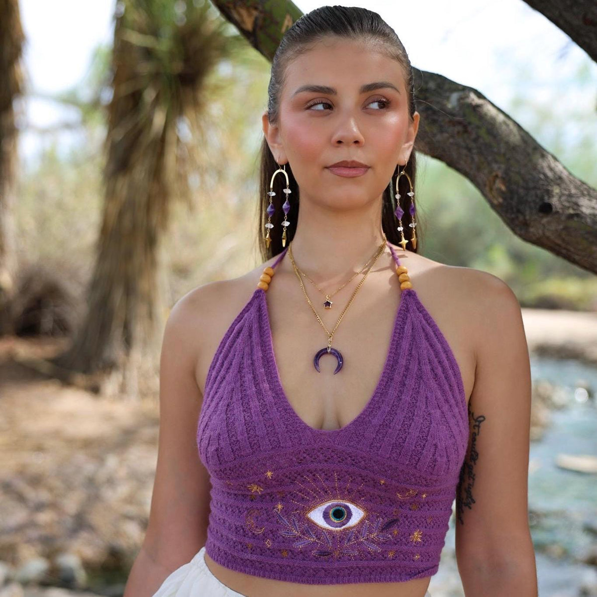 Amethyst Crescent Moon Necklace, Amethyst Horn Pendant, Crystal Moon Pendant, February Birthstone Gift, Celestial Jewelry, Crystal Moon