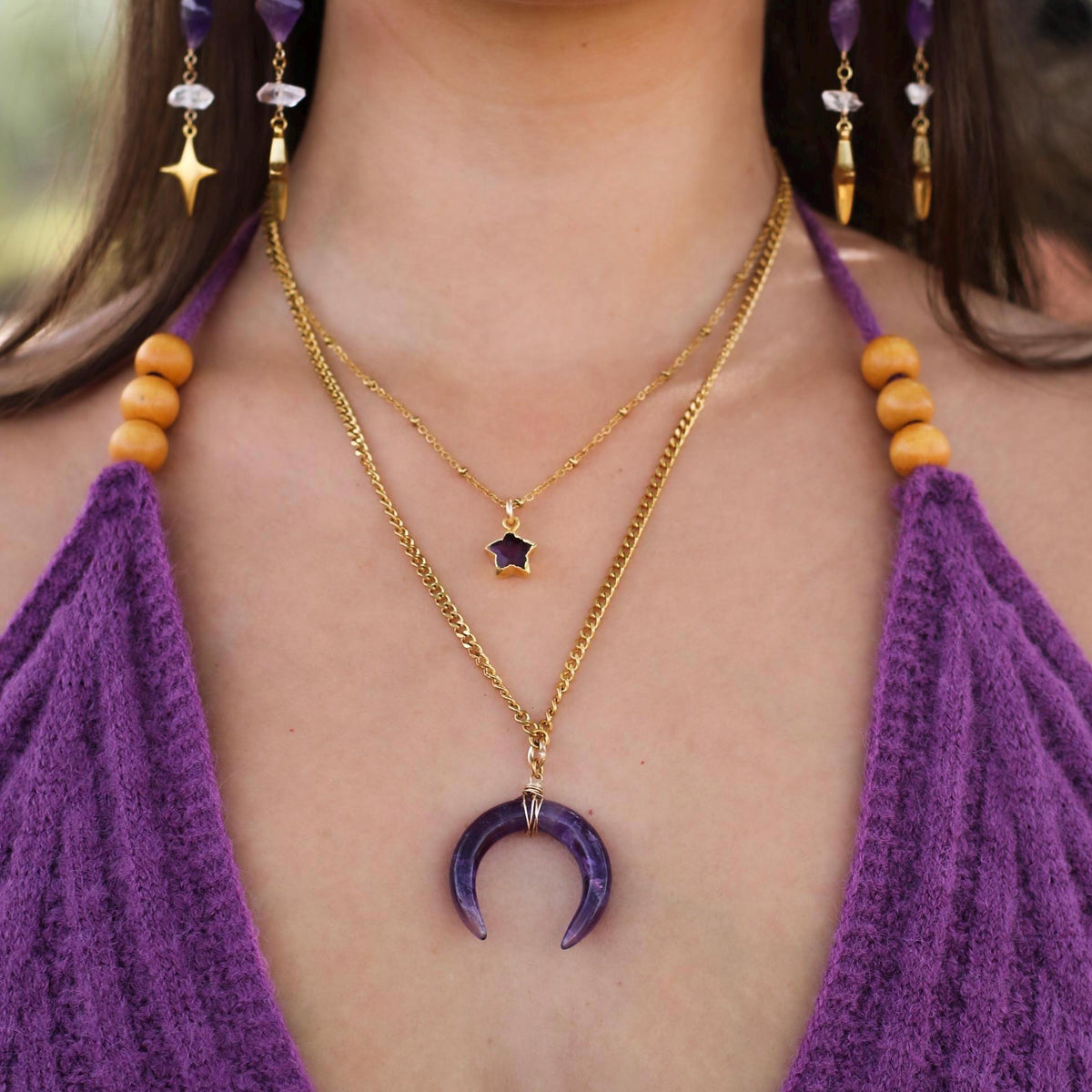 Amethyst Crescent Moon Necklace, Amethyst Horn Pendant, Crystal Moon Pendant, February Birthstone Gift, Celestial Jewelry, Crystal Moon