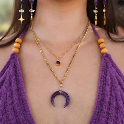 Amethyst Crescent Moon Necklace, Amethyst Horn Pendant, Crystal Moon Pendant, February Birthstone Gift, Celestial Jewelry, Crystal Moon