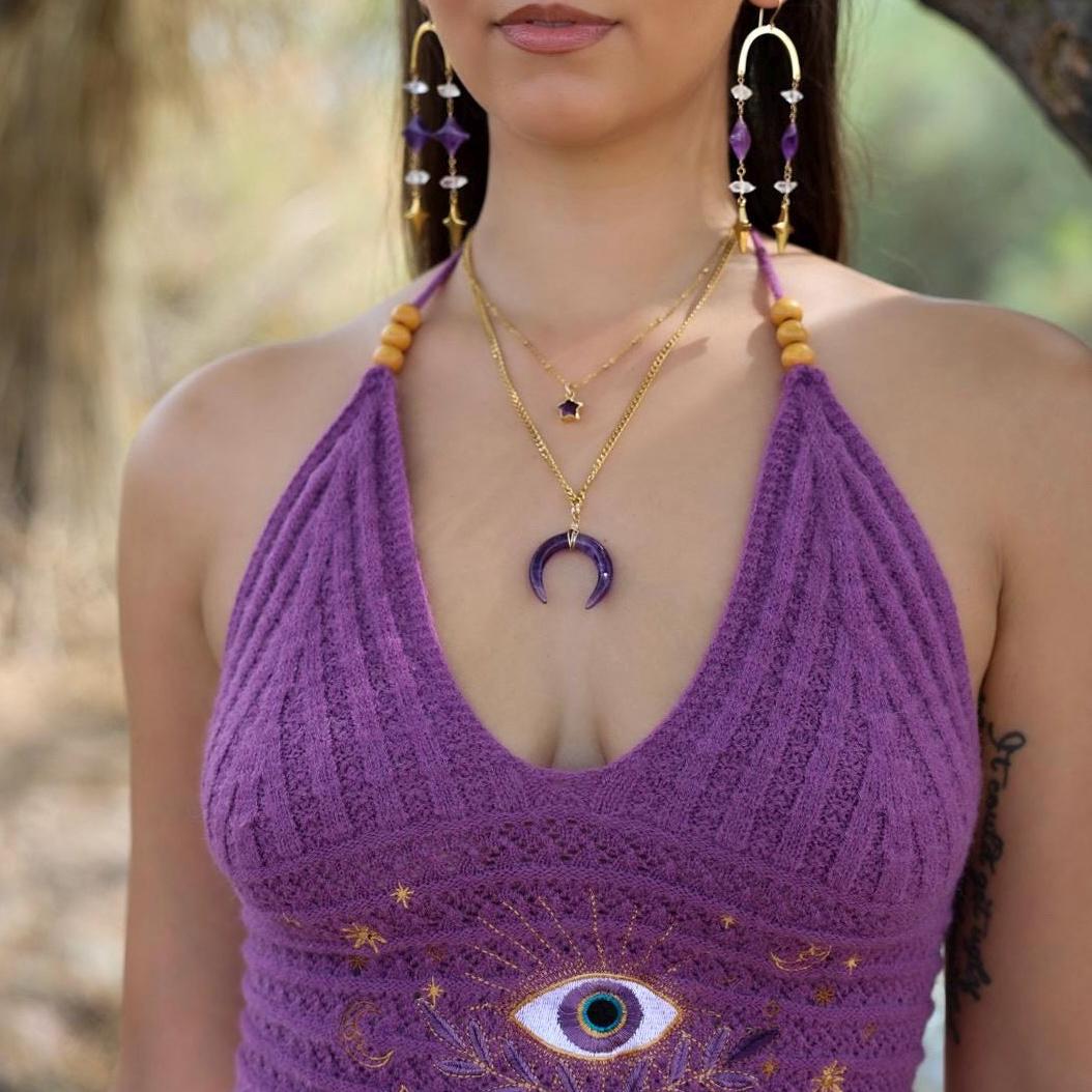 Amethyst Crescent Moon Necklace, Amethyst Horn Pendant, Crystal Moon Pendant, February Birthstone Gift, Celestial Jewelry, Crystal Moon