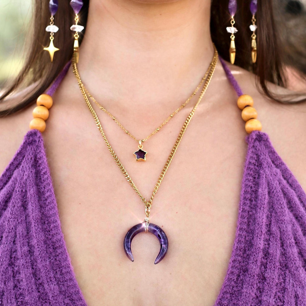 Amethyst Crescent Moon Necklace, Amethyst Horn Pendant, Crystal Moon Pendant, February Birthstone Gift, Celestial Jewelry, Crystal Moon