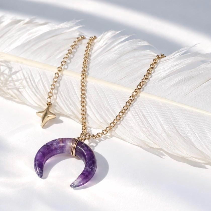 Amethyst Crescent Moon Necklace, Amethyst Horn Pendant, Crystal Moon Pendant, February Birthstone Gift, Celestial Jewelry, Crystal Moon
