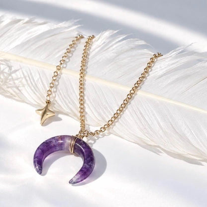 Amethyst Crescent Moon Necklace, Amethyst Horn Pendant, Crystal Moon Pendant, February Birthstone Gift, Celestial Jewelry, Crystal Moon