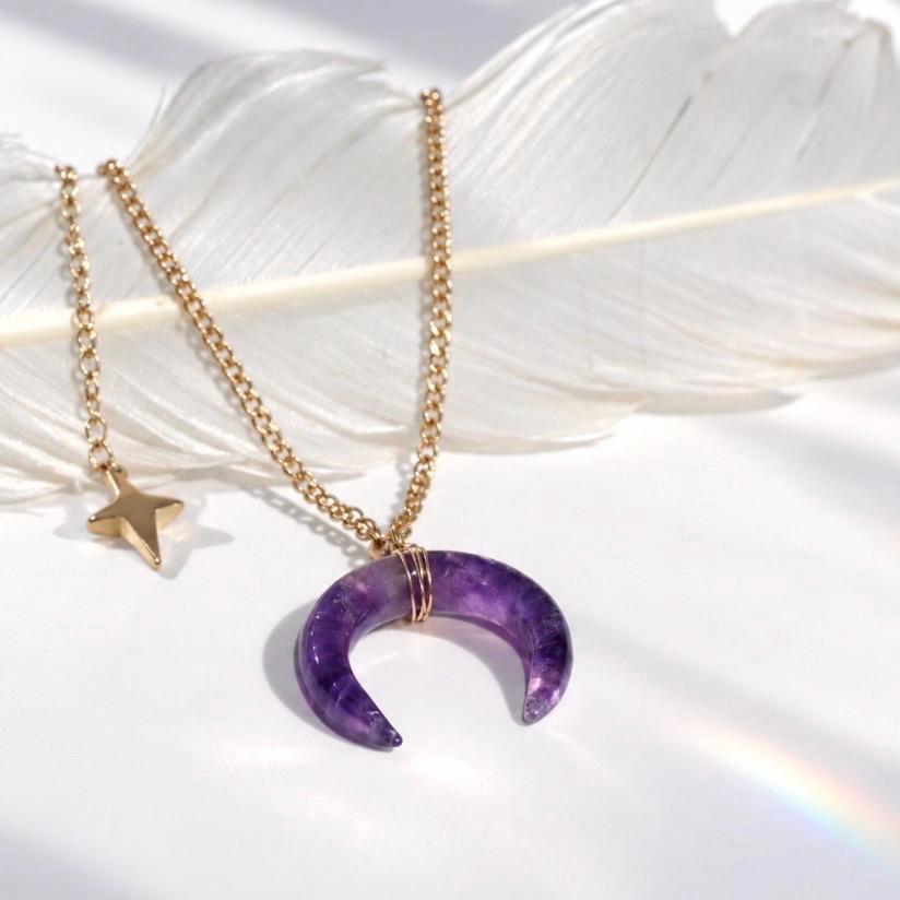 Amethyst Crescent Moon Necklace, Amethyst Horn Pendant, Crystal Moon Pendant, February Birthstone Gift, Celestial Jewelry, Crystal Moon
