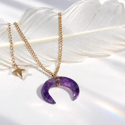 Amethyst Crescent Moon Necklace, Amethyst Horn Pendant, Crystal Moon Pendant, February Birthstone Gift, Celestial Jewelry, Crystal Moon