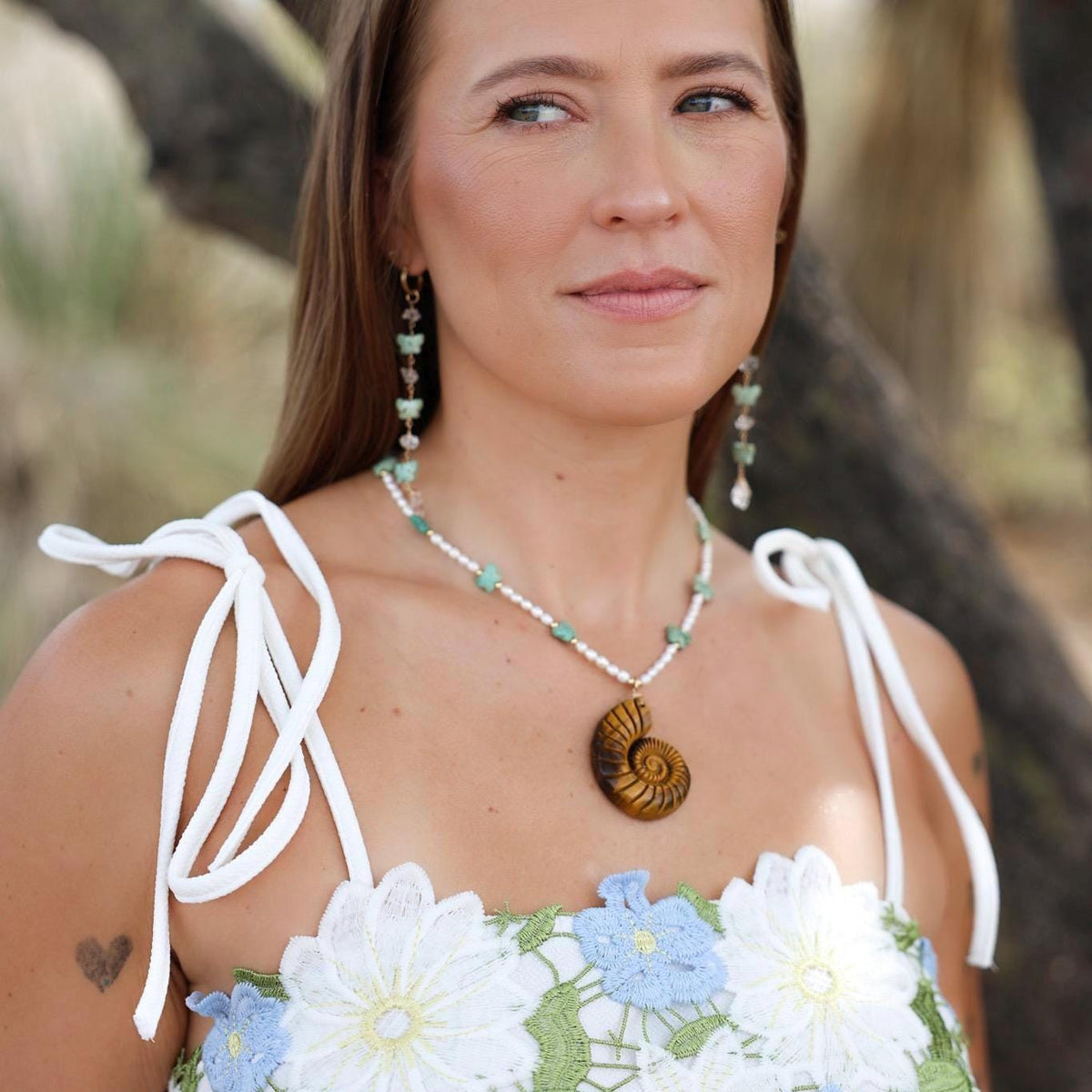 Tigers Eye Ammonite Necklace with Seed Pearls and Peruvian Turquoise Butterflies, Snail Shell Pendant, Unique Pearl Jewelry, Earthy Style