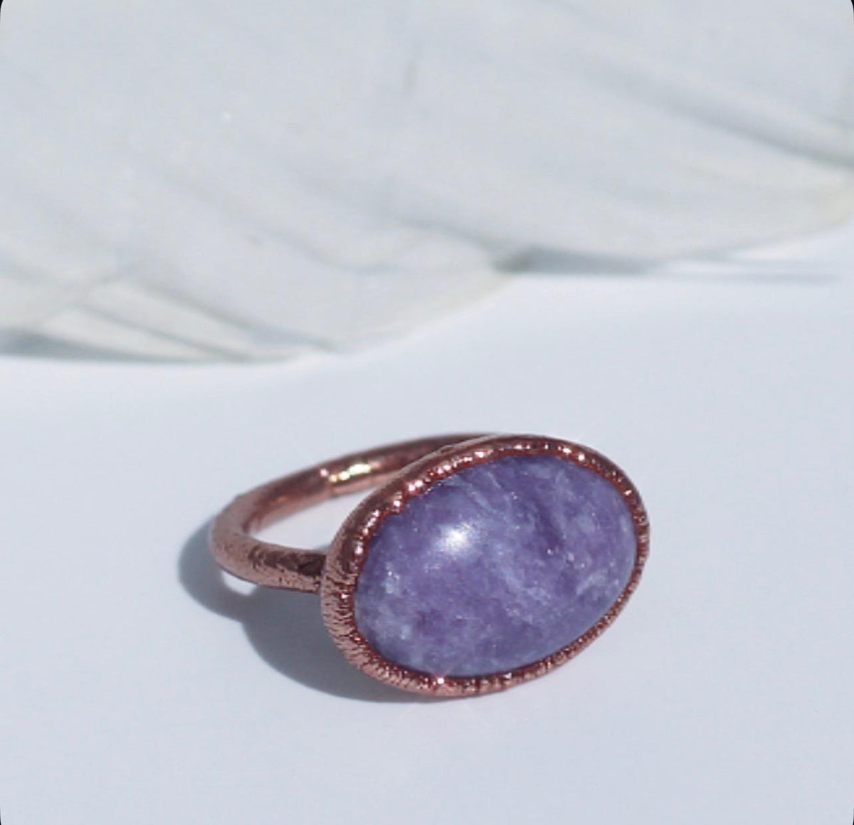Lepidolite Ring: Organic Copper Setting, Horizontal Stone Ring, Purple Oval Stone Ring, Oval Crystal Ring, Horizontal Set stone Ring