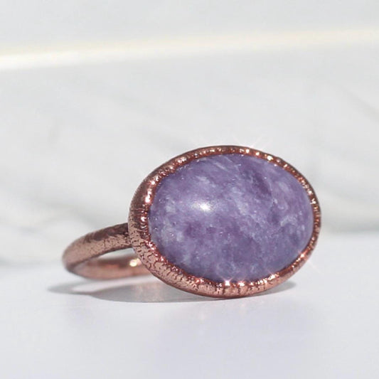 Lepidolite Ring: Organic Copper Setting, Horizontal Stone Ring, Purple Oval Stone Ring, Oval Crystal Ring, Horizontal Set stone Ring